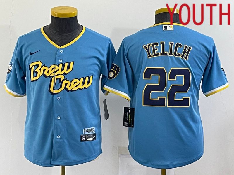 Youth Milwaukee Brewers #22 Yelich Blue City Edition Game Nike 2022 MLB Jersey
